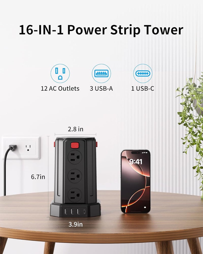 SMALLRT Power Strip Surge Protector, 6.5 Ft Extension Cord with 12 AC Multiple Outlets 4 USB (1 USB C), Power Tower Desktop Charging Station (Black, 6.5 Ft) - Image 2